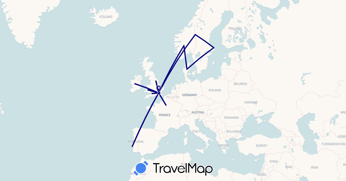 TravelMap itinerary: driving in Denmark, France, United Kingdom, Ireland, Norway, Portugal, Sweden (Europe)